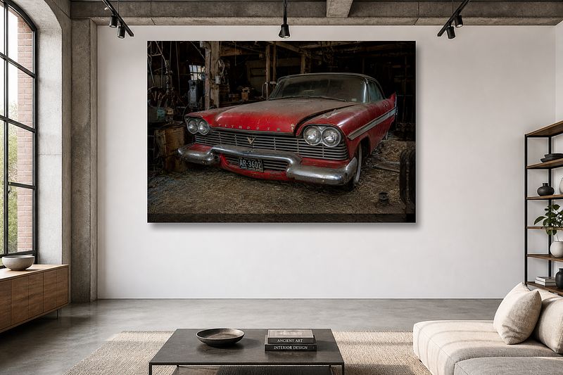 Rode Plymouth van 1957 in een Garage